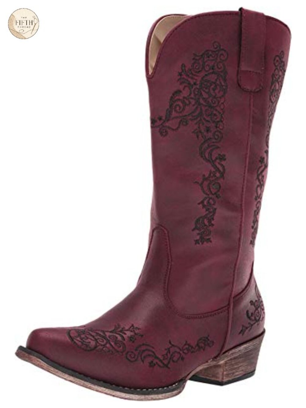 Faux Leather Western Embroidered Calf High Pull-On Boots